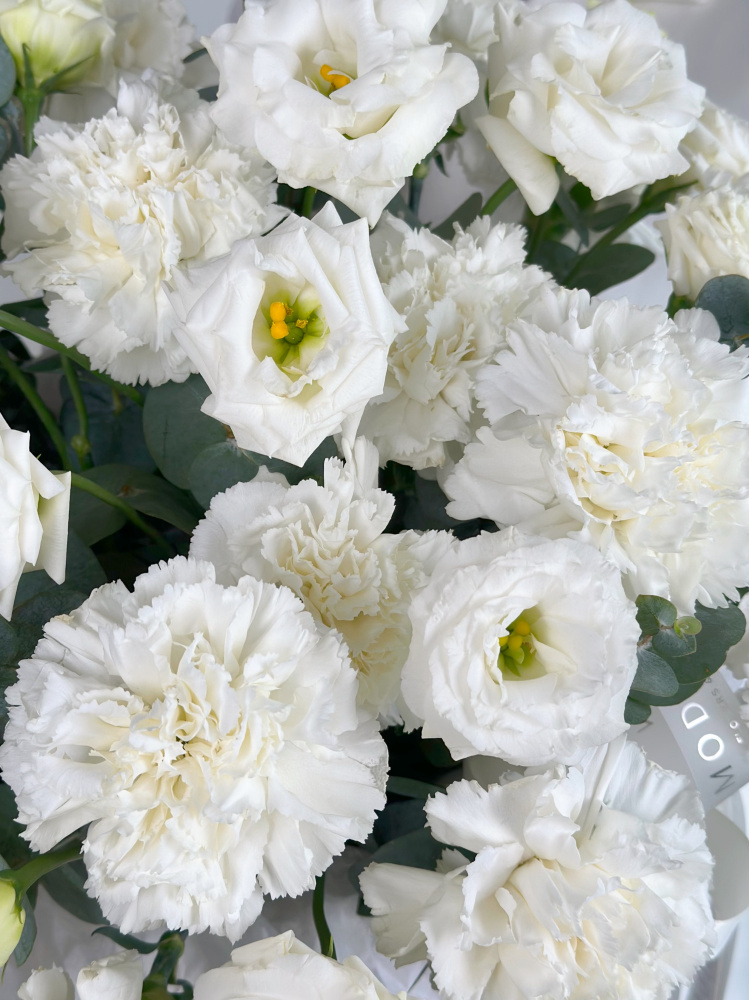 БЕЛОСНЕЖНАЯ КОРЗИНА С ЭУСТОМОЙ И ГВОЗДИКОЙ