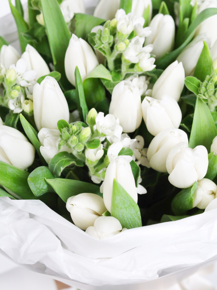 БУКЕТ С БЕЛЫМИ ТЮЛЬПАНАМИ  И ОКСИПЕТАЛУМОМ
